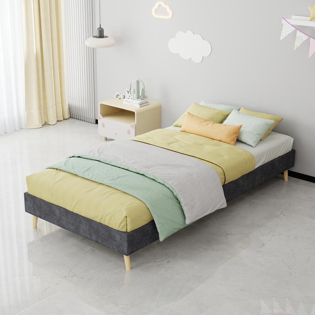 Modern Minimalist Bed Frame, 90x200 cm, Grey, Dutch Velvet Fabric, Low-Profile Base, Bedroom Furniture. Excludes Gas Lift, Headboard, and Mattress.