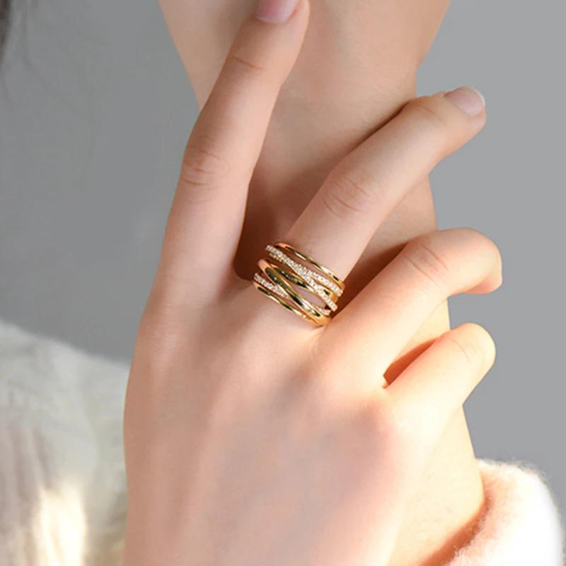 Huitan Gold Color Cross Rings Gorgeous Women Wedding Band Accessories Multi-Layer Shiny Cubic Zirconia Fashion Jewelry for Party