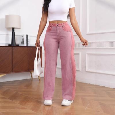 Elastic Contrast Color Washed Wide-Leg Denim Pants