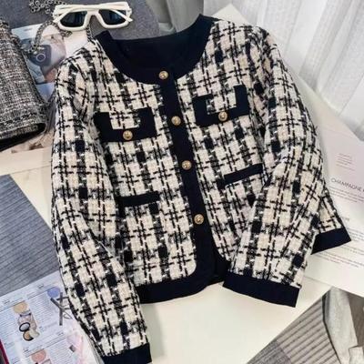 Tweedy Little Scented Jacket for Women Black and White Plaid New Korean Loose Small Temperament Short Top