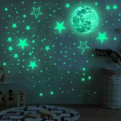 Svítící Měsíc Hvězdná Obloha Samolepky na Zeď Fluorescenční Zelená Hvězdná Obloha Samolepicí Tapeta Samolepky na Zeď Dekorační Materiály