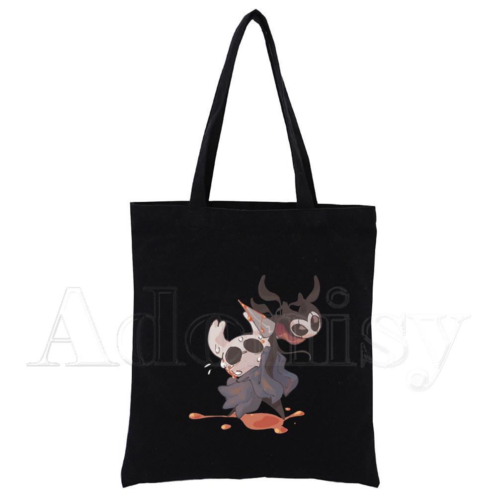Hollow Knight Harajuku Konst Shopping Svarta Väskor Canvas Tote Bag Tryckt Tecknad Återanvändbar Tygkasse Handväska Axelväskor Anpassad