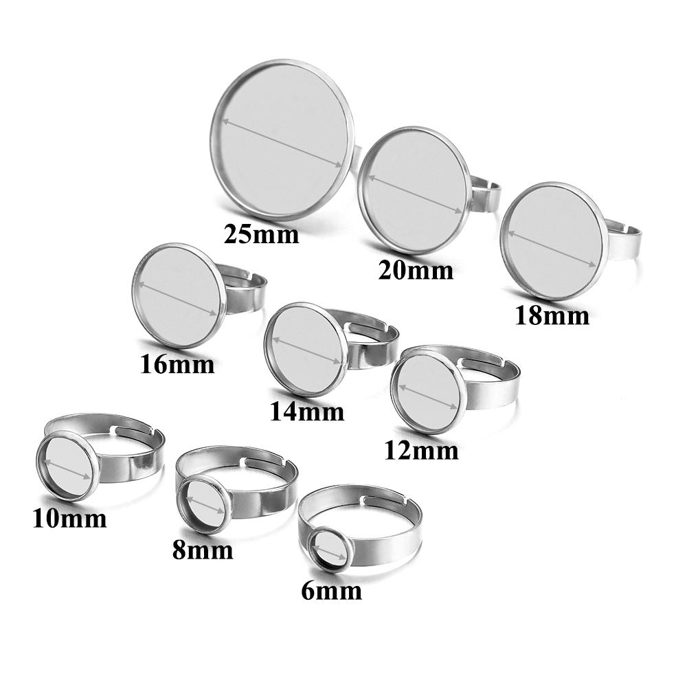 

10pcs Gold Stainless Steel Adjustable Ring Settings Blank Base 8 10 12 20 25mm Cabochons Ring Bezel for Jewelry Making Supplies Inner Dia. 6mm
