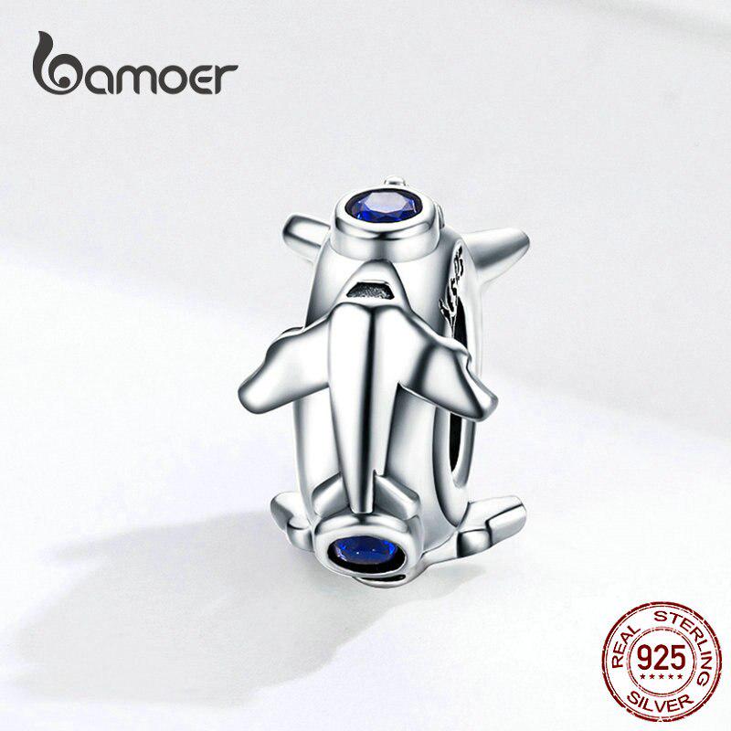 Bamoer Jet Plane Distanční zarážka se silikonem 925 Sterling Silver Travel Journey Charm pro ženy