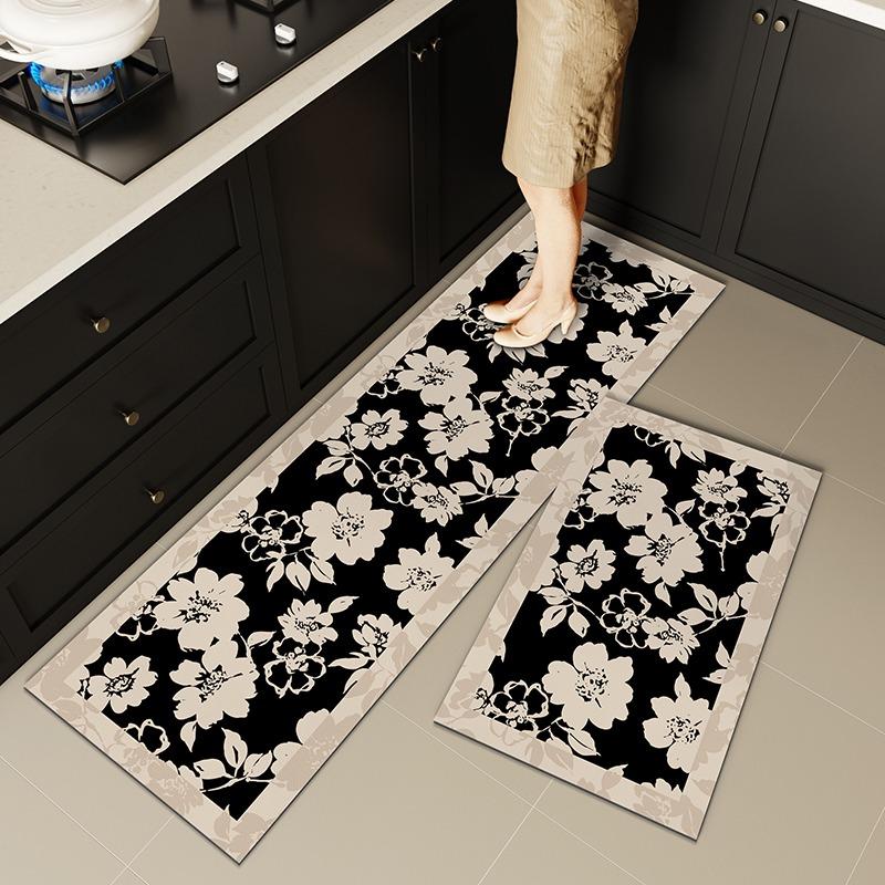 Carpet for Kitchen Non-slip Oil-resistant Erasable Leather Floor Mat Black Flower Water PVC Rugs Home Decoration Long Size Mats
