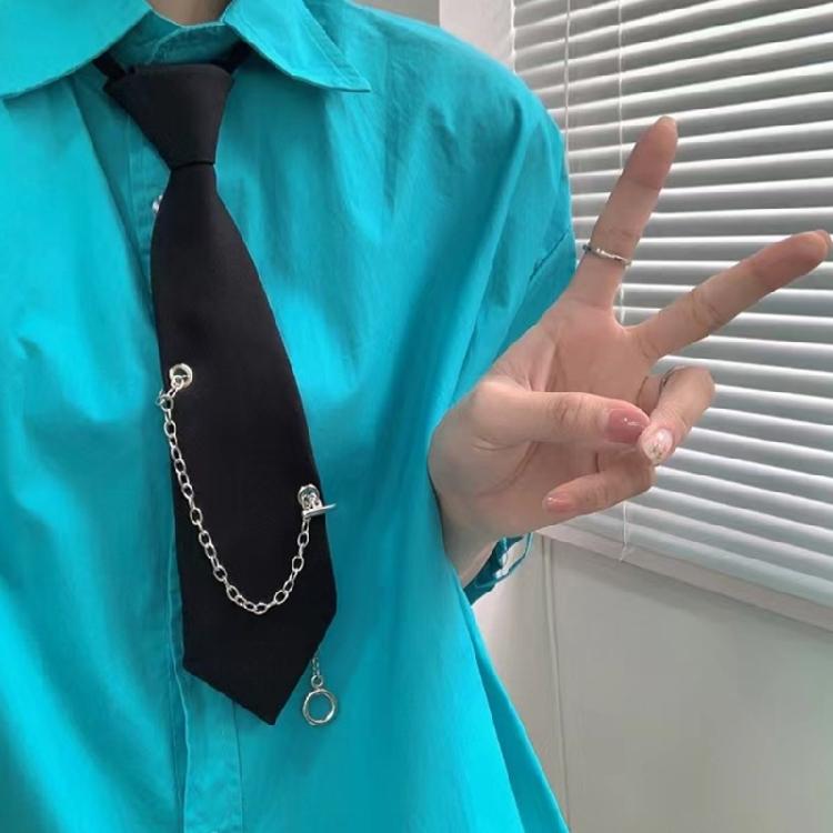 Aesthetic Hiphop Punk Metal Chain Necktie Student Japanese Pre Tied Adjustable Black Ties for Uniform School Shirt
