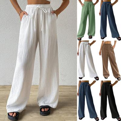 Pantalones casuales de color sólido, combinables con todo, elásticos, con bolsillo y pernera ancha