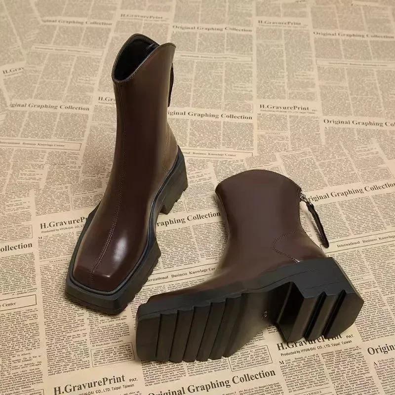 Women's Shoes on Sale 2024 High Quality Zipper Women's Boots Winter Square Toe Solid Short Barrel Chunky Heels Fashion Boots