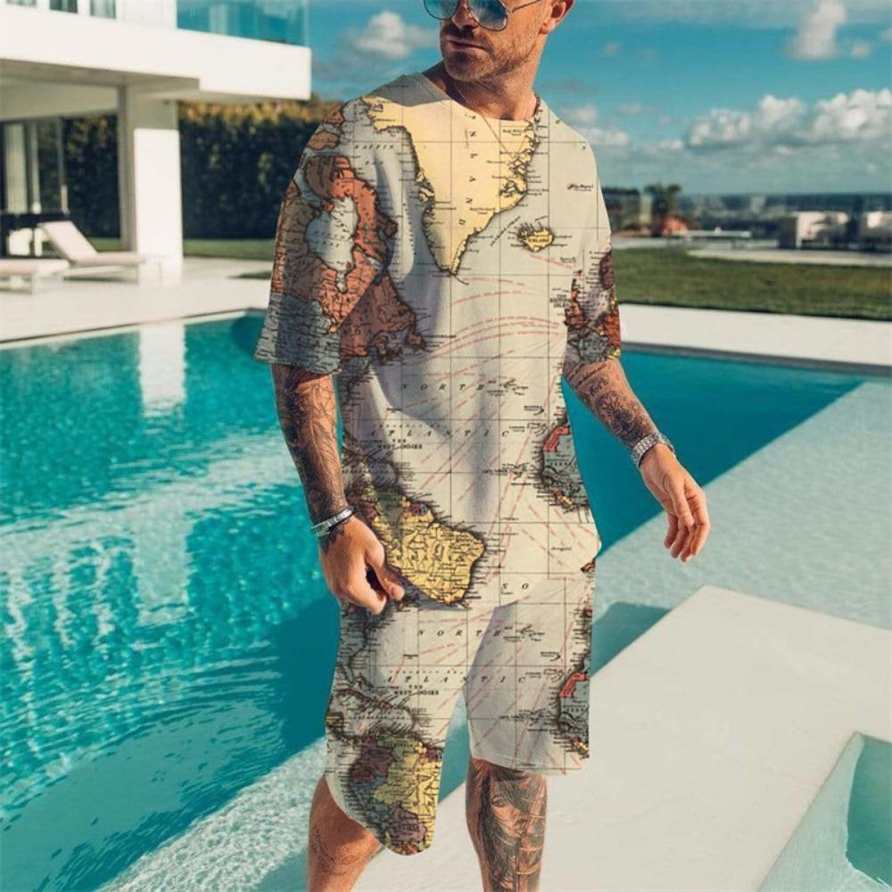 Vintage Wave Print T-shirt Set Summer Men's Beach Breathable Short Sleeve 2 Piece Set Men's Fashion Tops Set Men's Clothing