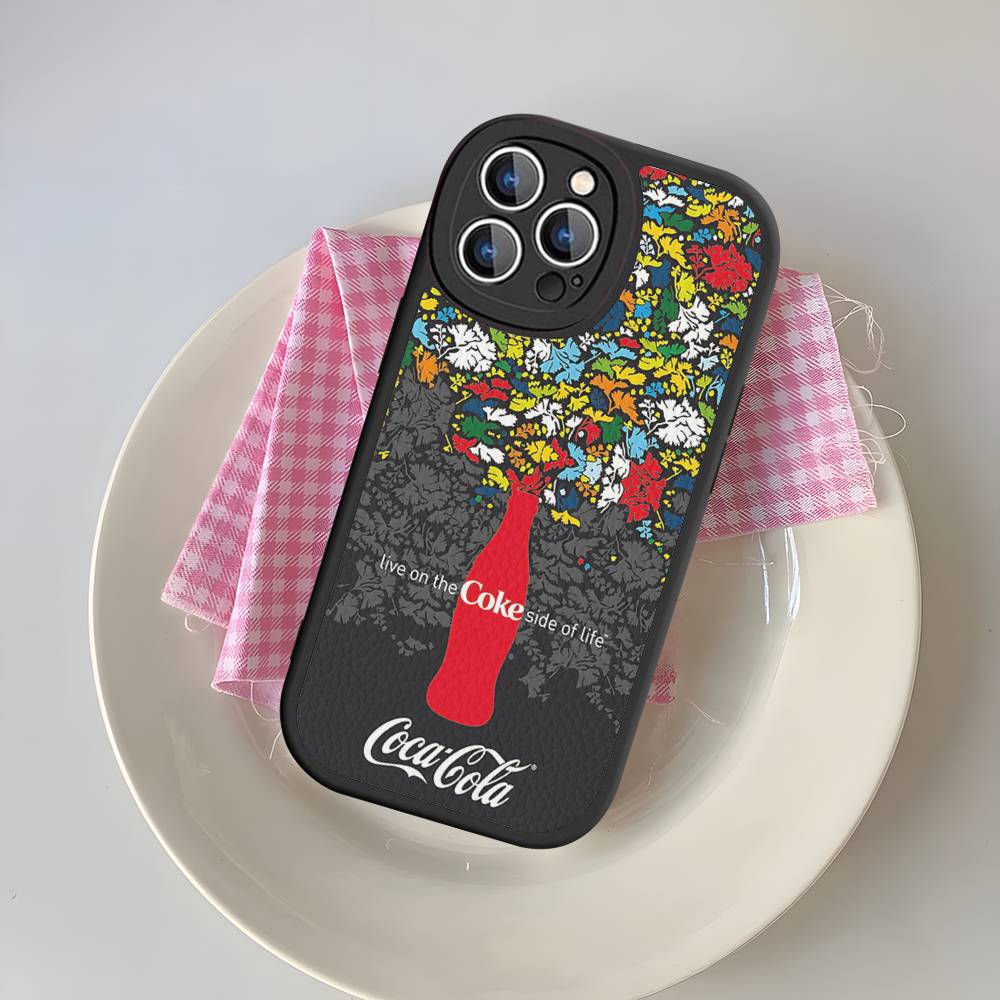 C-CocaS-Fashion Cola Leather Phone Case For IPhone 16 14 15 Pro Plus 13 12 11 Pro Max Silicone Cover