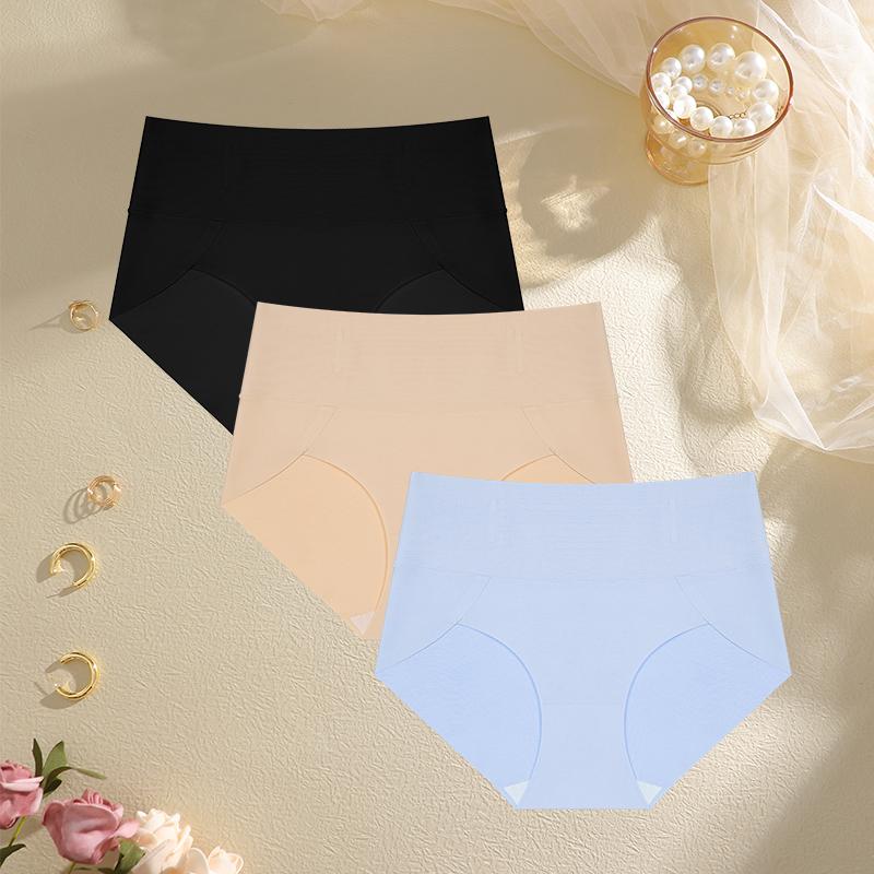 FINETOO 3Pcs Seamless High-Waisted Panty Anti-Slip Briefs Sexy Women's Underwear Anti-Curling Underpants S-3XL Large Size Pantie