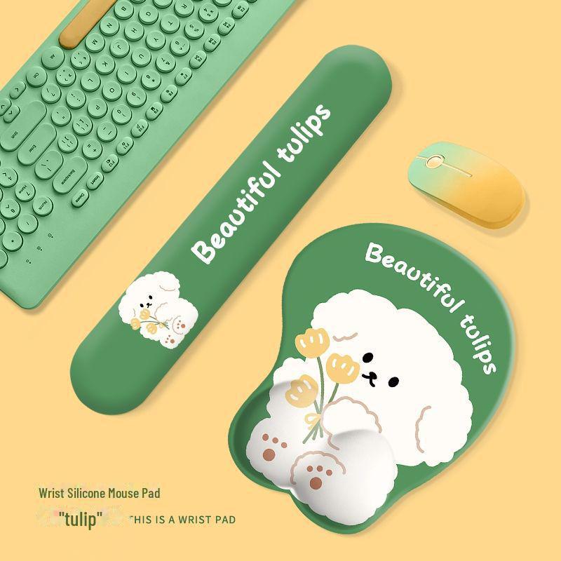 Tulip Puppy Silicone Wrist & Mouse Pad Set - Cute Keyboard Hand Support, Perfect Gift for Office or Girls