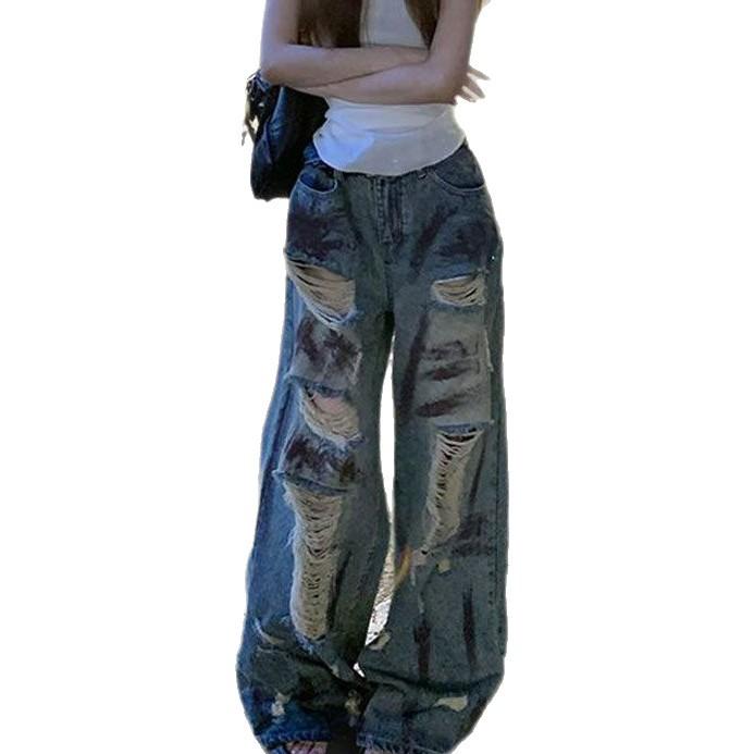 Denim Trousers Women's Vintage Tie-dye Waste Land Wind Wide-legged Hole-breaking Denim Jeans Washed Drapey Draining Trailing Straight Trousers
