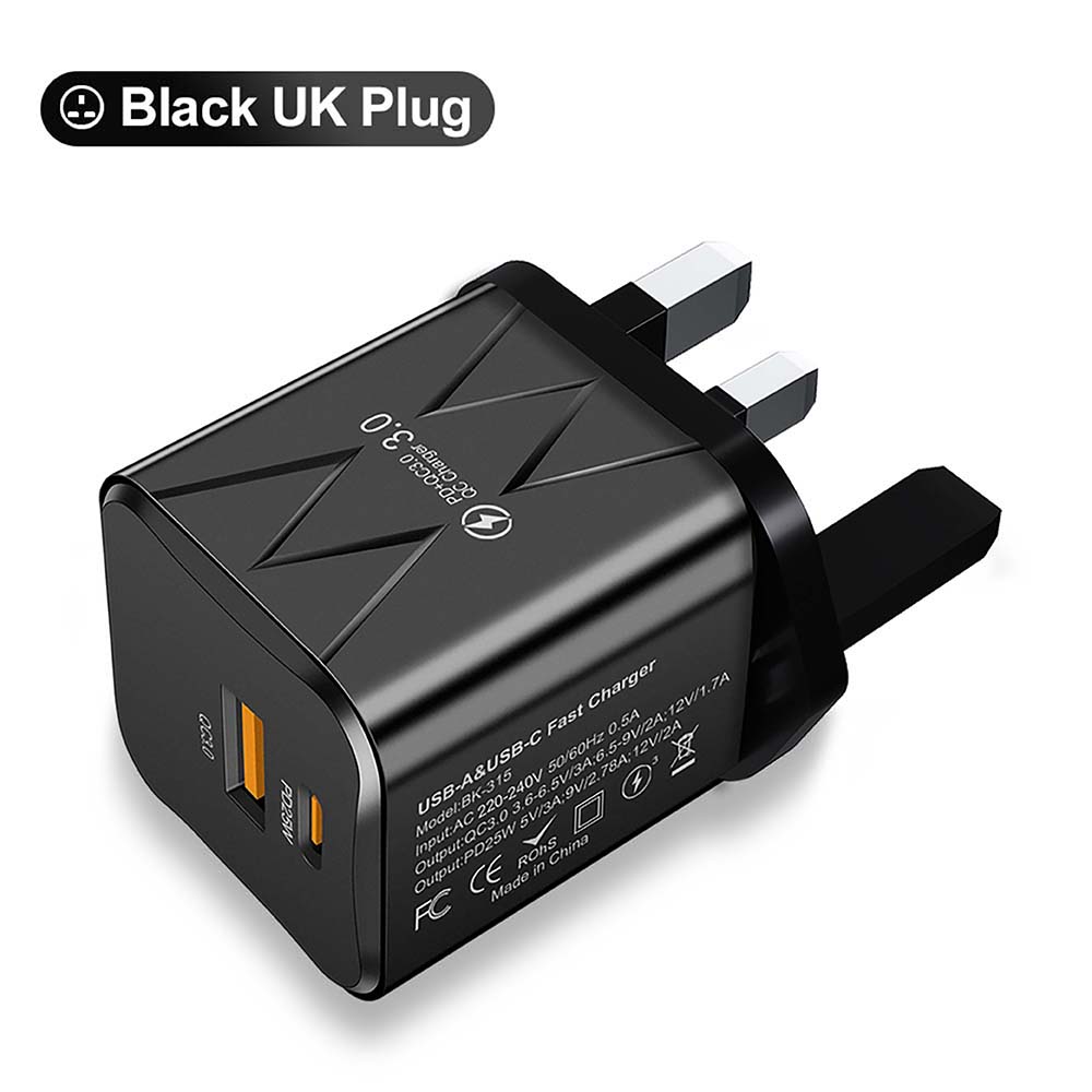 

20 Вт 3.0 USB быстрое зарядное устройство для телефона тип C адаптер быстрой зарядки для iPhone 15 14 13 Samsung Xiaomi PD 2 порта британская вилка UK Black