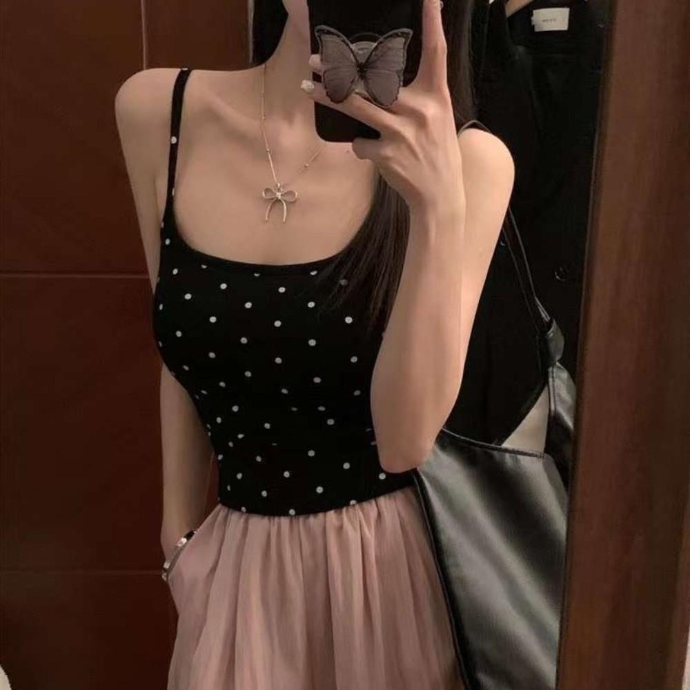 Breathable U-back Camisole Women's Vest Tank Top Polka Dot Slim Fit U-shaped Tank Tops Built-in Bra Tank Tops Women