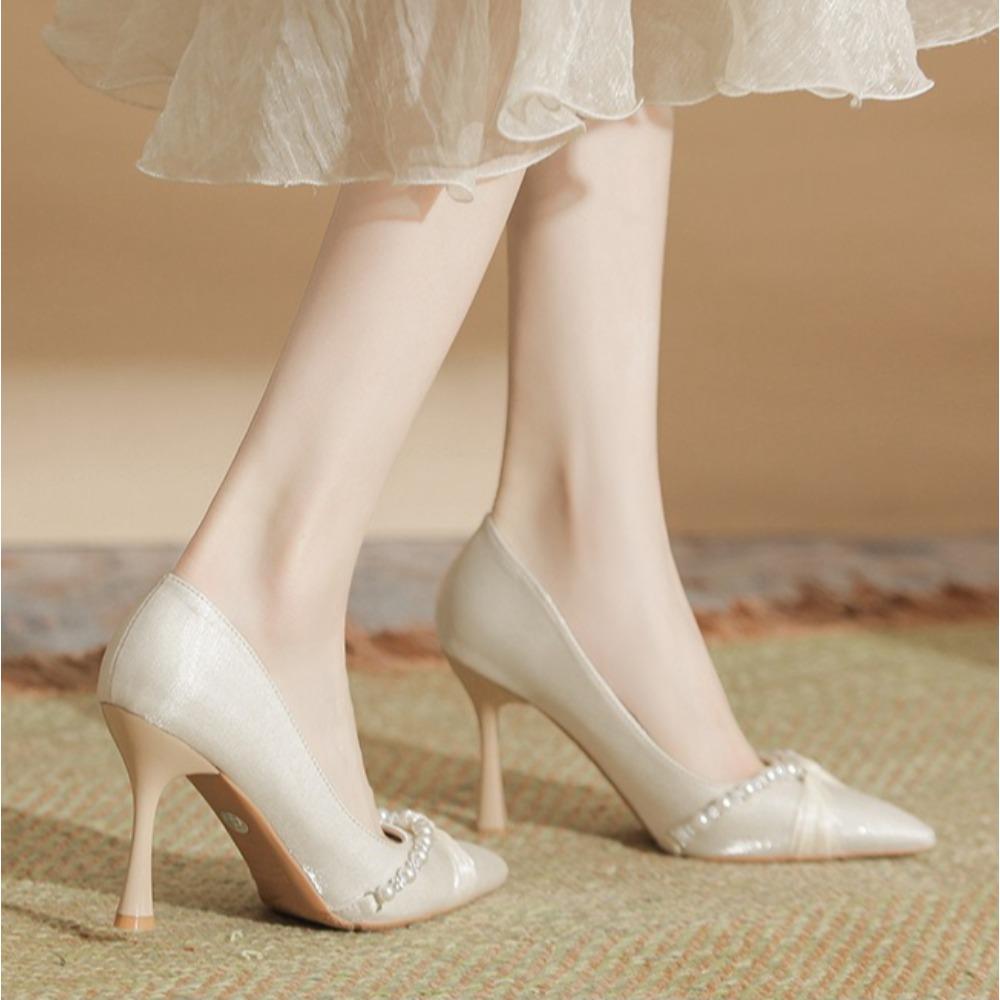 Pointed Stiletto High Heels Women Autumn and Summer New Satin Pearl Pumps Women's Small Size Light Mouth Shoes High Heel Pumps