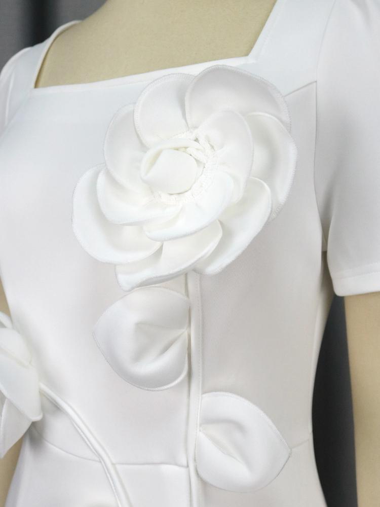 Večerní párty bodycon bílé šaty pro dámy s krátkým rukávem 3D květina vysoký pas narozeniny družička svatební host midi róby