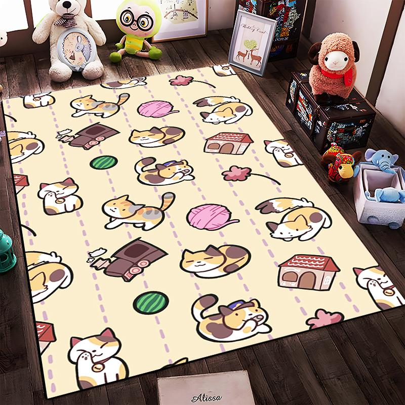 Cute Cartoon Cat Pattern Carpet with Paw Prints Yarn Balls Houses and Beige Background Suitable for Use As an Anti-slip for Room and Bedroom Sofas
