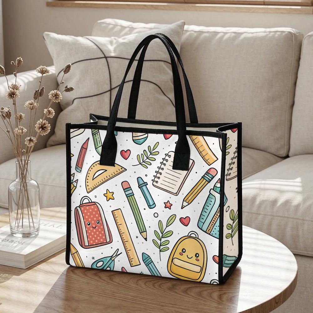 Cute Stationery Pattern Tote Bag Daily Use Portable Shoulder Handbag for Shopping School Commute