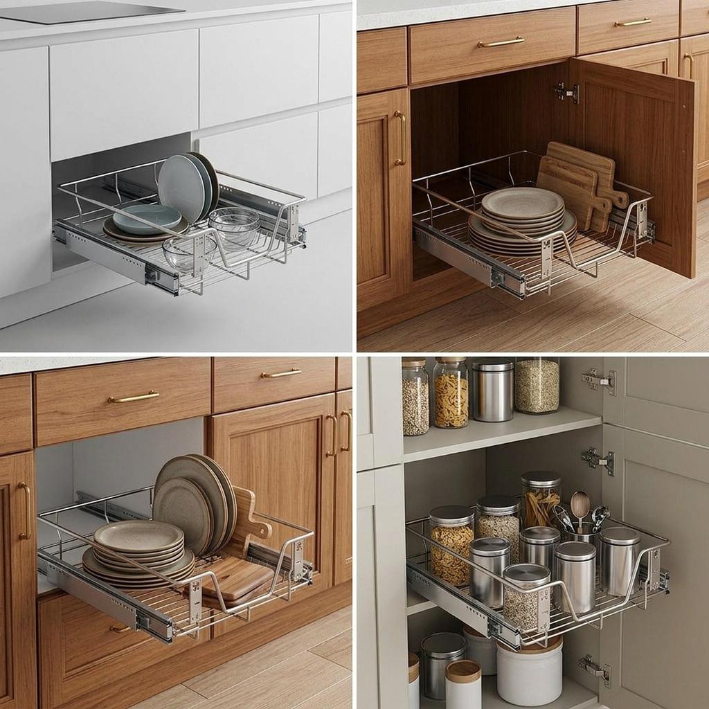 Pull Out Cabinet Organizer Basket Slide Drawer Storage Rack Iron Construction Easy