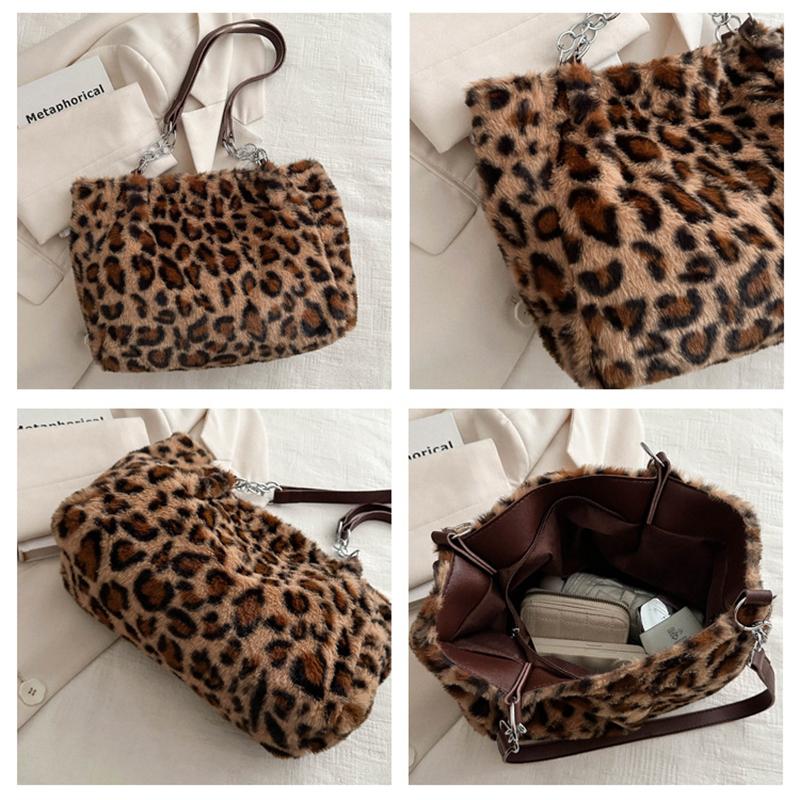 Leopard Pattern Travel Warm Plush Shoulder Bag Women Large Capacity Chain Decor Tote Bag Vintage Soft Faux Fur Top Handle Handbag