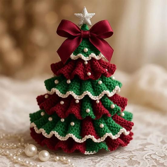 Handmade Crochet Christmas Tree DIY Xmas Tree Crochet Craft Starter Set with Bow And Faux Pearl for Beginners Knitting Holiday Decoration for