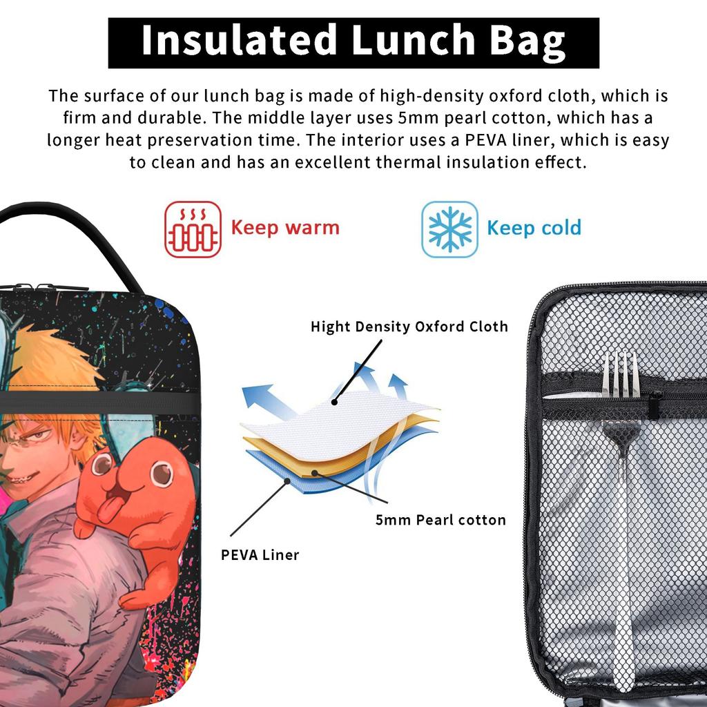 C-Chainsaws Man Insulated Lunch Bag Thermal Bag Reusable,Meal Container Denji Pochita Large Tote Lunch Box Food Storage Bag