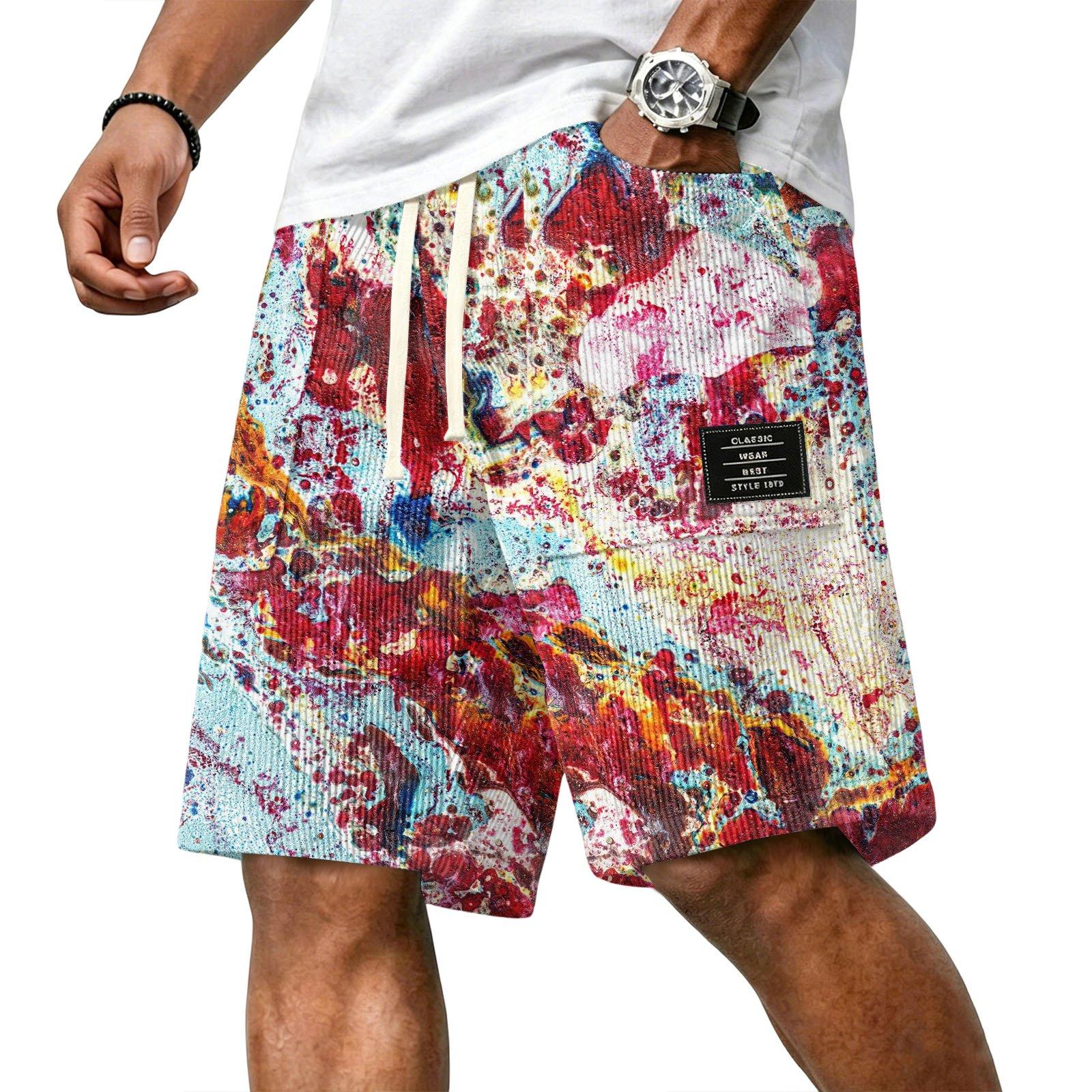 

Men s Casual Corduroy Drawstring Shorts Gradient Pattern Elastic Waistband Lightweight Summer Beachwear L