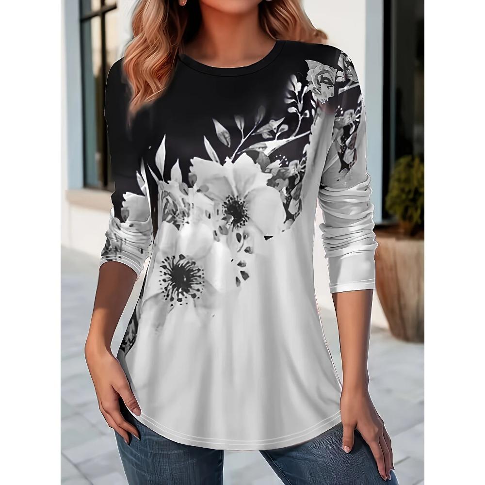 Spring and Autumn Round Neck Floral 3D Printed Top Fashionable Casual Long Sleeved Women's T-shirts