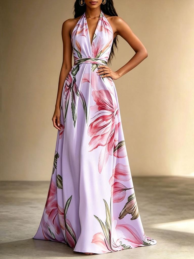Summer Printing Neck Long Dress Backless Vacation Style Elegant Pendulum Lace-up Dress