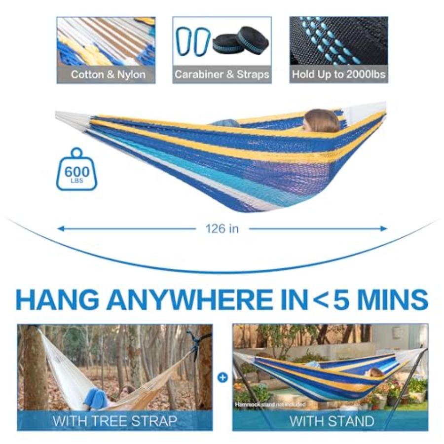 Handwoven Mayan Hammock Thick Soft Rope Double Hammock for Outdoor Outside Indoor 600 lbs Capacity Heavy-Duty Includes Tree Str