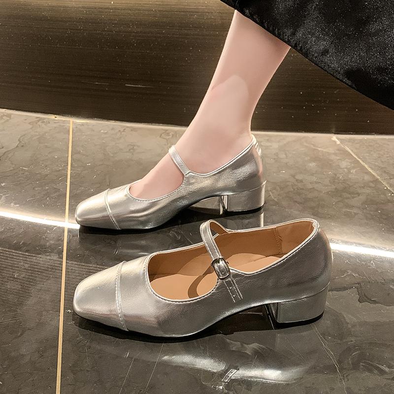 Women's Cow Leather Mix Color Patchwork Matal Belt Mary Jane Pumps 3.5cm Low Heel Square Toe Casual Female Heeled Single Shoes