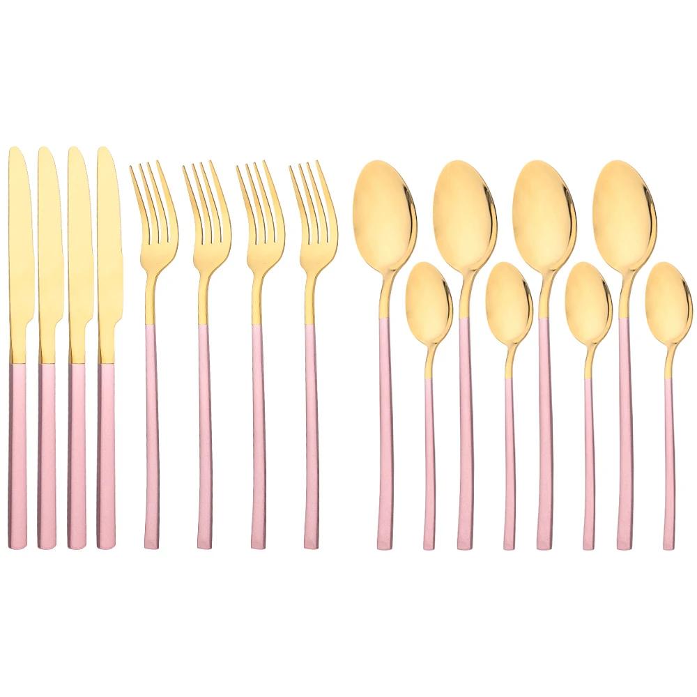 16Pcs Rose Gold Dinnerware Set Knife Fork Coffee Tea Spoon Cutlery Set Stainless Steel Tableware Western Home Kitchen Flatware