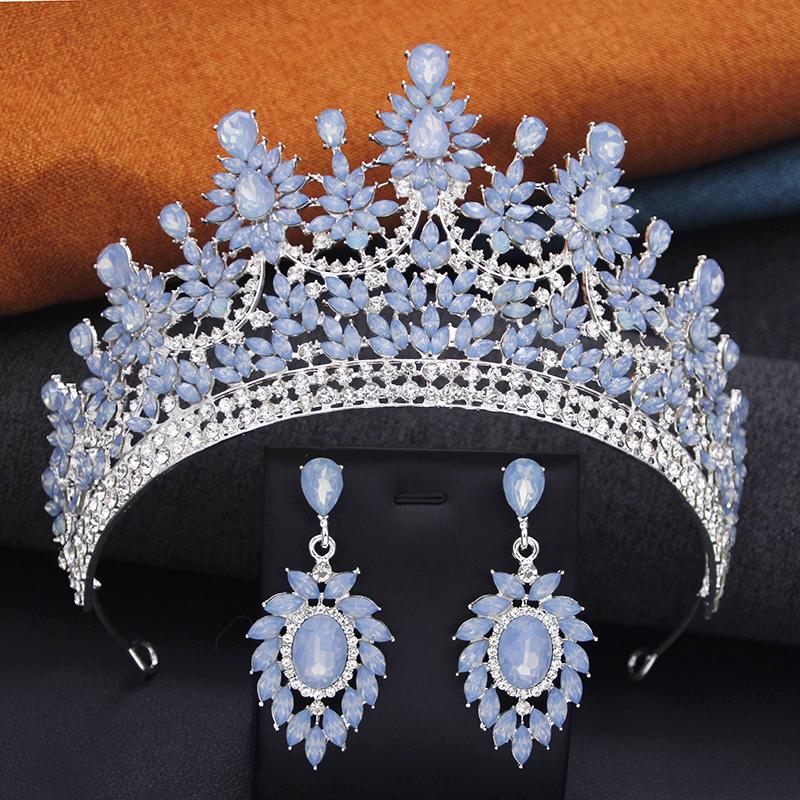 2 Pcs Opal Green Crown and Earrings Sets Royal Queen Tiaras Set for Wedding Hair Jewelry Party Prom Diadem Pageant Bridal