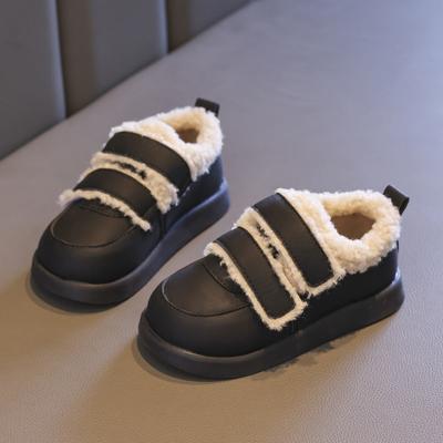 Children Cotton Shoes Solid Color Thick Soled Kids Causal Shoes Fashion 2024 Winter Warmth PU Leather Girl Plush Shoes Hook Loop