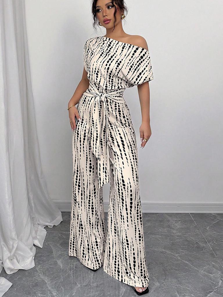 Striped Jumpsuit Summer Slanted Shoulder Tie-Up Wide Leg Pants