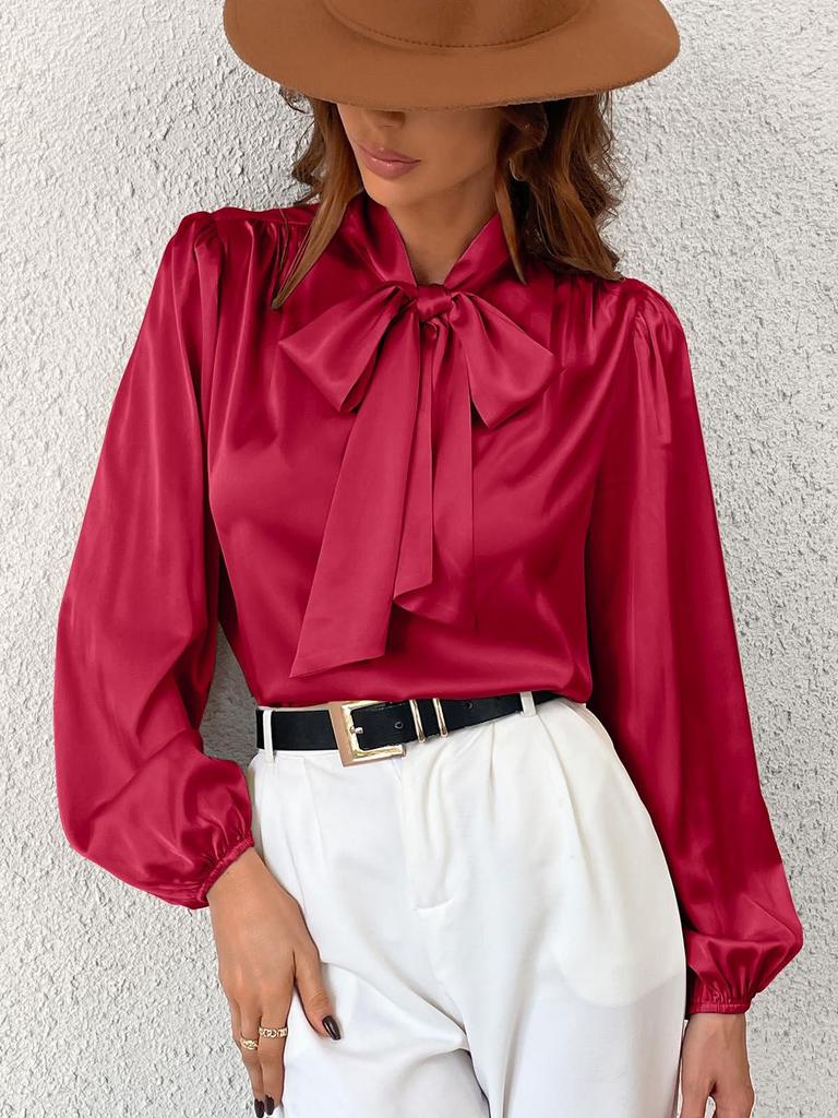 Women's Long Sleeve Satin High Neck Bow Top