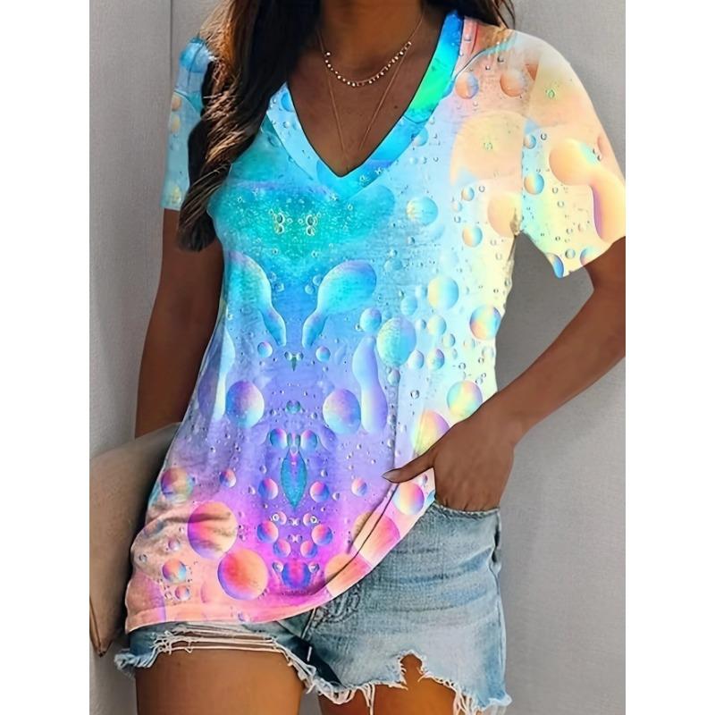 Women's T-Shirt Tie-Dye Water Drop 3d Pattern Printing Fashion Casual Oversized V-Neck Short-Sleeved Summer Women's Clothing