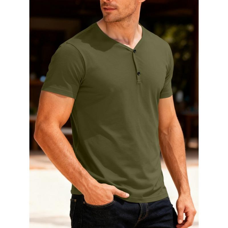 Men Henley Neck Short Sleeve Slim Fit Solid Color Casual Multiple Color Options T Shirt