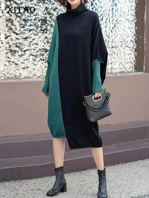 Vestido solto de tricô irregular manga morcego cor contrastante vestido feminino HQQ1832