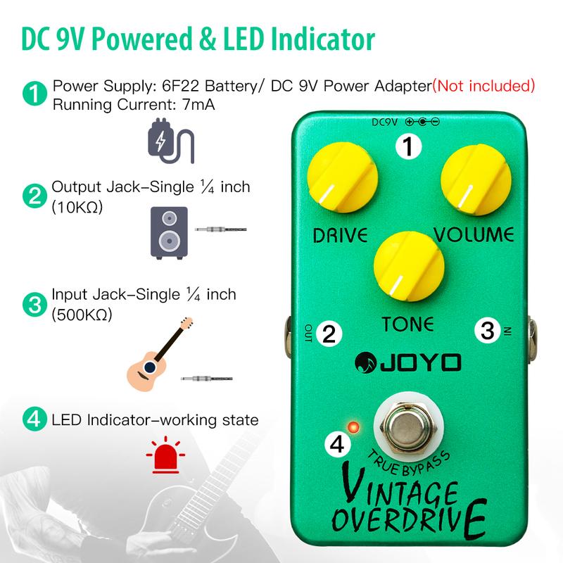 JOYO JF-01 Vintage Overdrive Gitarrenpedal Erzeugt warmen milden sanften Obertöne Overdrive-Pedal mit Sustain-Effekt