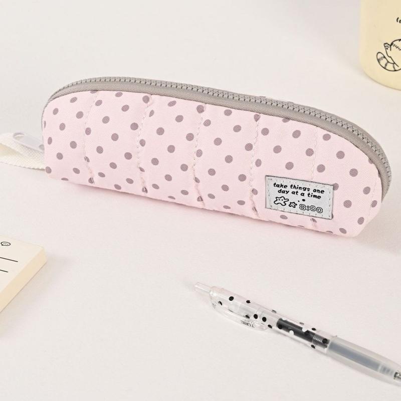 Canvas Pen Case With Cute Dot Design For Students And Office Use
