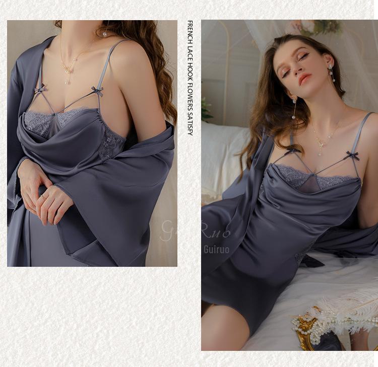DZ Rose Satin Lace See-Through Deep V Suspender Skirt with Outer Robe Home Set