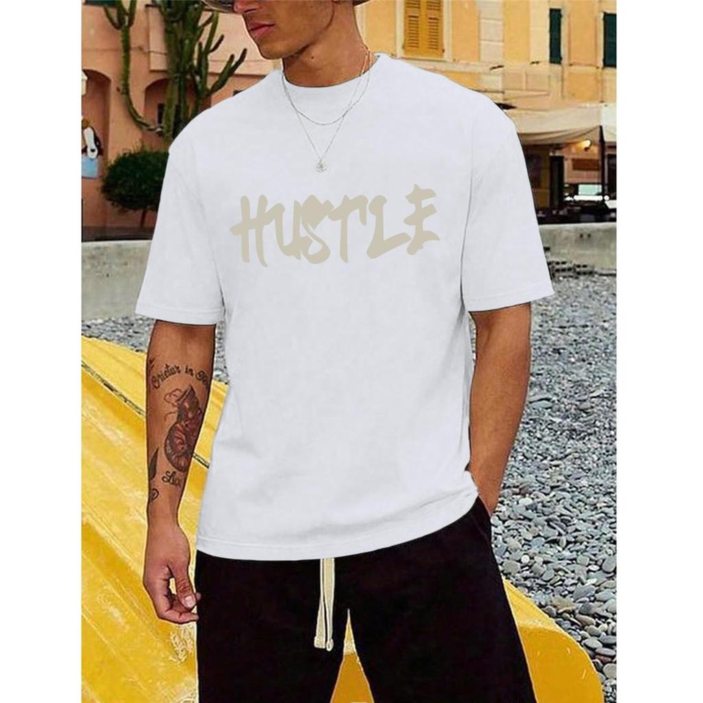 Men's "Hustle" Themed Motivational Quote Tee, Urban Streetwear Oversized Short Sleeve Top