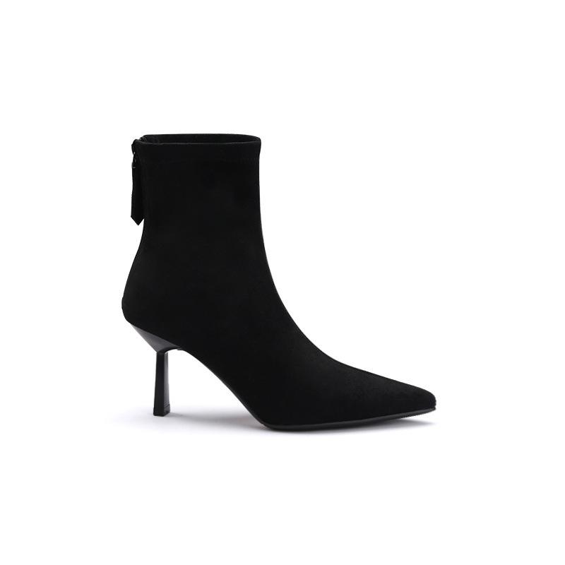 Cowhide version~ high-heeled short boots women's new spring and autumn single boots temperament pointed thin heel suede elastic thin boots