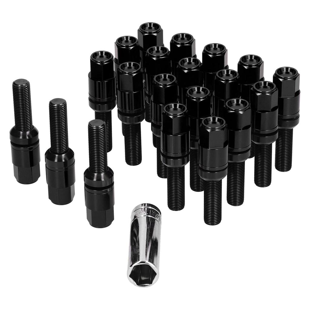 20pcs Steel Extended Lug Bolts M12x1.25 28mm Thread with Sleeve Universal for CarBlack