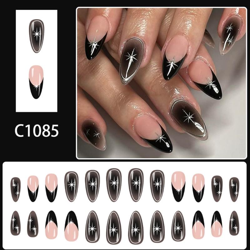 Packung mit 24 Gothic Punk Aufklebenägeln mit Kaffee-Blumenmuster, langlebige Kunststoff-Falschnägel für Frauen, für den täglichen Gebrauch, Party