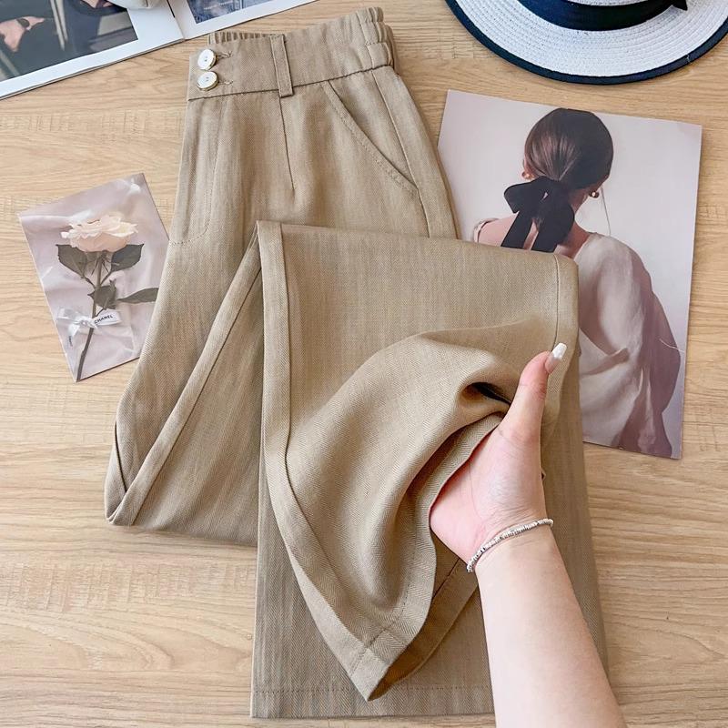 Khaki High-Waisted Wide-Leg Pants for Women - Spring/Summer 2025: Versatile, Slimming, Loose-Fit, Nine-Point Length