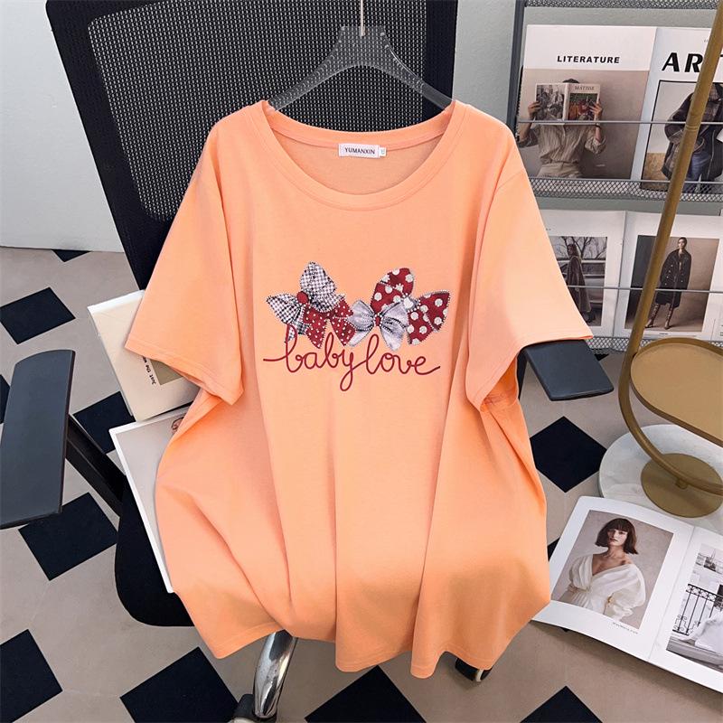 Women's Plus Size Slimming Loose Fit Short-Sleeve Round Neck Mid-Length T-Shirt (200/300/350 Jin)