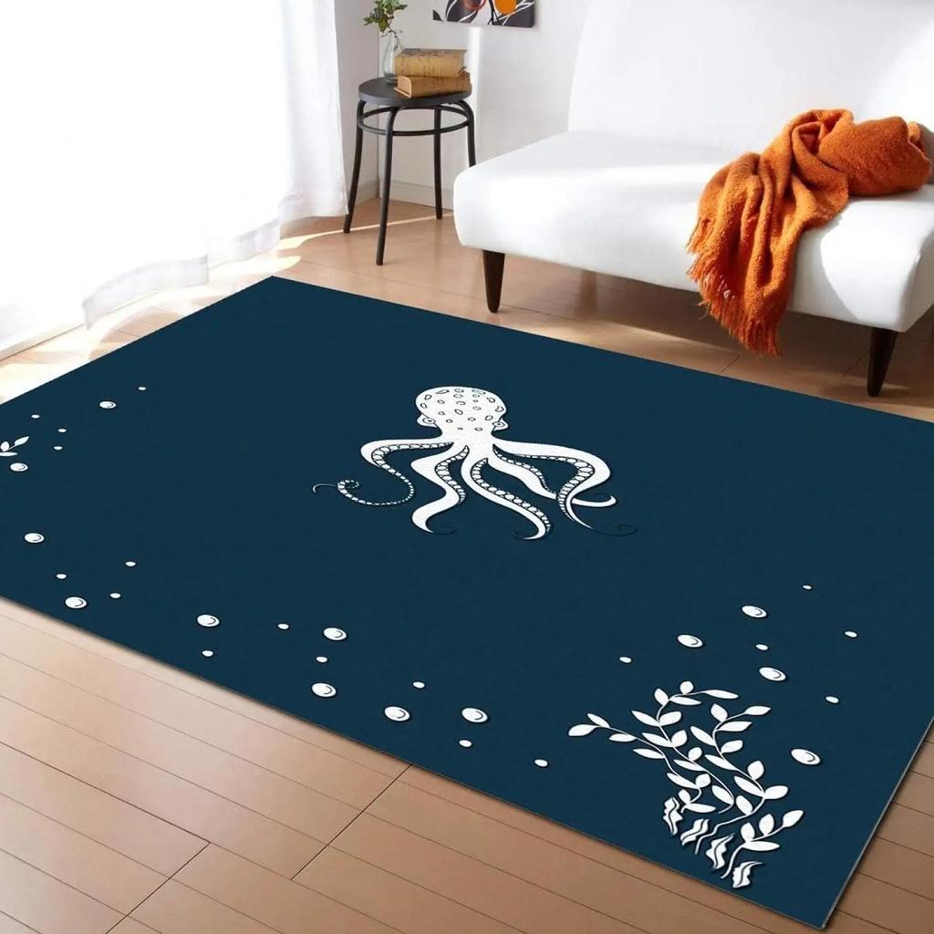 Sea Octopus Underwater World Watercolor Octopus Print Large Rug Modern Art Ocean Animals Decor Floor Mat Non-Slip Indoor Carpet